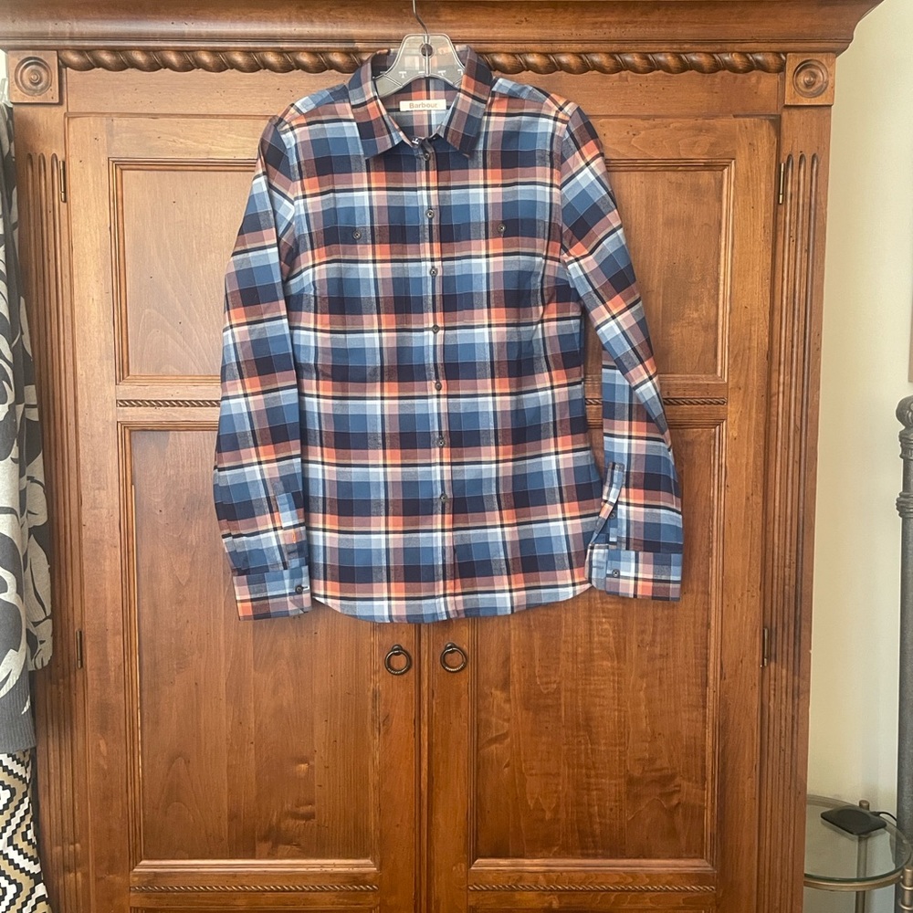 NWOT Ladies Barbour Blue and Orange Icefield Flannel shirt